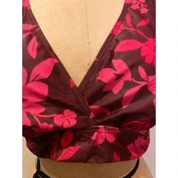 Yonique Plus Size V Neck Criss Cross Back Red Flower Bikini Top NWT Size 18W - Picture 5 of 9